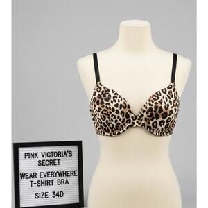 PINK Victoria's Secret 34D Bra Leopard Animal Print Wear Everywhere T-Shirt VS